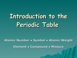 Introduction to the Periodic Table   Atomic Number ● Symbol ● Atomic Weight Element ● Compound ● Mixture 