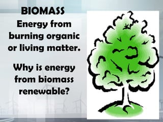 BIOMASS
  Energy from
burning organic
or living matter.
 Why is energy
 from biomass
  renewable?
 