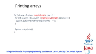 50
Printing arrays
for (int row = 0; row < matrix.length; row++) {
for (int column = 0; column < matrix[row].length; column++) {
System.out.print(matrix[row][column] + " ");
}
System.out.println();
}
 