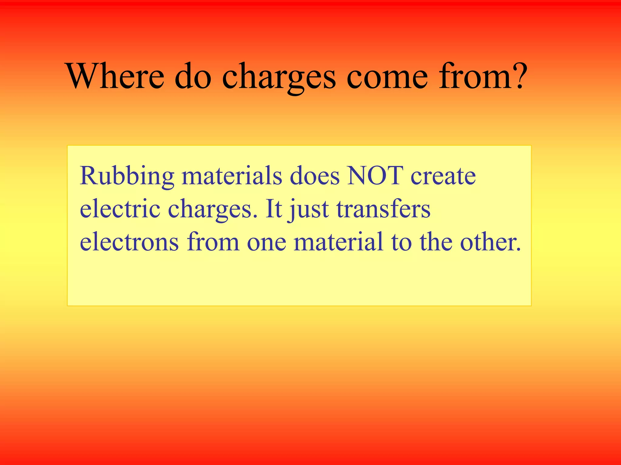 Rubbing materials does NOT create
electric charges. It just transfers
electrons from one material to the other.
Where do charges come from?
 