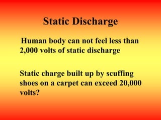 Static Discharge
Human body can not feel less than
2,000 volts of static discharge
Static charge built up by scuffing
shoes on a carpet can exceed 20,000
volts?
 