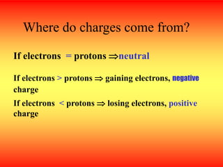 If electrons = protons neutral
Where do charges come from?
If electrons > protons  gaining electrons, negative
charge
If electrons < protons  losing electrons, positive
charge
 