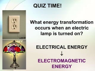 QUIZ TIME!
What energy transformation
occurs when an electric
lamp is turned on?
ELECTRICAL ENERGY

ELECTROMAGNETIC
ENERGY
 