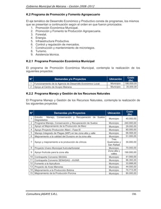 Gobierno Municipal de Mairana – Gestión 2008-2012

K.2 Programa de Promoción y Fomento Agropecuario

El eje temático de Desarrollo Económico y Productivo consta de programas, los mismos
que se presentan a continuación según el orden en que fueron priorizados:
    1. Promoción Económica Municipal.
    2. Promoción y Fomento la Producción Agropecuaria.
    3. Forestal.
    4. Energía.
    5. Infraestructura Productiva.
    6. Control y regulación de mercados.
    7. Construcción y mantenimiento de microriegos.
    8. Turismo.
    9. Asistencia técnica.

K.2.1 Programa Promoción Económica Municipal

El programa de Promoción Económica Municipal, contempla la realización de los
siguientes proyectos:

                                                                                    Costo
  N°                      Demandas y/o Proyectos                     Ubicación       (Bs)
   1   Funcionamiento de la Agencia de Desarrollo Económico Local     Municipio   186.000,00
   2   Apoyo al Centro de Acopio Mairana                              Municipio    35.000,00

K.2.2 Programa Manejo y Gestión de los Recursos Naturales

El Programa Manejo y Gestión de los Recursos Naturales, contempla la realización de
los siguientes proyectos:

                                                                                   Costo
  N°                      Demandas y/o Proyectos                    Ubicación       (Bs)
       Estudio   Manejo, Conservación y Recuperación de Suelos
   1                                                                 Municipio     40.000,00
       Degradados
   2   Programa Manejo, Conservación y Recuperación de Suelos        Municipio    240.000,00
   3   Apoyo al Mejoramiento de la Producción de Maíz                Municipio     29.000,00
   4   Apoyo Proyecto Producción /Maní - Fase III                    Municipio     80.000,00
   5   Manejo Integrado de Plagas (MIP) en las zona alta y valle     Municipio     68.568,00
   6   Mejoramiento a la calidad del Durazno en la zona alta         Municipio     51.000,00
                                                                       Tres
   7   Apoyo y mejoramiento a la producción de cítricos             Quebradas y    30.000,00
                                                                    San Rafael
   8   Proyecto Vivero Municipal frutícola/forestal                  Municipio     70.000,00
                                                                    Zona alta y
   9   Apoyo frutícola para la zona alta                                          190.000,00
                                                                      valles
  10   Contraparte Convenio SEDAG                                    Municipio     41.000,00
  11   Contraparte Convenio SENASAG - AVIAR                          Municipio     86.393,00
  12   Fomento a la Apicultura                                       Municipio     33.888,00
  13   Proyecto de Aves Menores                                      Municipio     44.000,00
  14   Mejoramiento a la Producción Bobina                           Municipio     74.713,00
  15   Mejoramiento de la Producción Porcina                         Municipio     80.000,00




Consultora JASAYE S.R.L.                                                                186
 