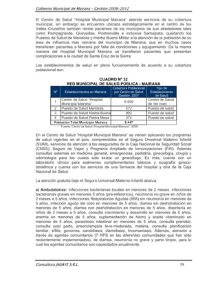 Gobierno Municipal de Mairana – Gestión 2008-2012

El Centro de Salud “Hospital Municipal Mairana” atiende servicios de su cobertura
municipal, sin embargo se encuentra ubicada estratégicamente en el centro de los
Valles Cruceños también recibe pacientes de los municipios de sus alrededores tales
como Pampagrande, Quirusillas, Postrervalle e inclusive Samaipata; quedando los
Puestos de Salud de Mendiola y Hierba Buena Militar a la atención de la población de su
área de influencia mas cercana del municipio de Mairana, que en muchos casos
transfieren pacientes a Mairana por falta de condiciones y equipamiento. De la misma
manera del Hospital Municipal Mairana se transfieren pacientes que presentan
complicaciones a la ciudad de Santa Cruz de la Sierra.

Los establecimientos de salud en pleno funcionamiento de acuerdo a su cobertura
poblacional son:

                                 CUADRO Nº 32
                   RED MUNICIPAL DE SALUD PÚBLICA - MAIRANA
                                                      Cobertura Poblacional        Tipo de
          Nº     Establecimientos en Mairana           por Centro de Salud     Establecimiento
                                                          Gestión 2007            de Salud
               Centro de Salud “Hospital                                      Centro de Salud
          1                                                   6.509
               Municipal Mairana”                                             de 1er nivel
          2    Puesto de Salud Mendiola                        572            Puesto de salud
          3    Puesto de Salud Hierba Buena                    992            Puesto de salud
          4    Puesto de Salud Piedra Mesa                     374            Puesto de salud
          Población Total Municipio Mairana                    8.447
               Fuente: Centro de Salud “Hospital Municipal Mairana” -2008


En el Centro de Salud “Hospital Municipal Mairana” se vienen aplicando los programas
de salud vigentes en el país, comprendidos en el Seguro Universal Materno Infantil
(SUMI), servicios de atención a los asegurados de la Caja Nacional de Seguridad Social
(CNSS), Seguro de Vejez y Programa Ampliado de Inmunizaciones (PAI). Además
consultas externas en medicina general, emergencias, pediatría, ginecología, cirugía y
odontología para los cuales solo existe un ginecólogo. Es más, cuenta con un
laboratorio clínico para exámenes complementarios básicos y ecografía gineco-
obstétrica y cuenta con los servicios de una farmacia del hospital y otra de la Caja
Nacional de Salud.

La atención gratuita bajo el Seguro Universal Materno Infantil abarca:

a) Ambulatorias: Infecciones bacterianas locales en menores de 2 meses, infecciones
bacterianas graves en menores 5 años (pre-referencia), neumonía no grave en niños de
2 meses a 5 años, Infecciones Respiratorias Agudas (IRA) sin neumonía en menores de
5 años, infección aguda del oído en menores de 5 años, diarrea sin deshidratación en
menores de 5 años, diarrea con deshidratación en menores de 5 años, disentería en
niños de 2 meses a 5 años, consulta crecimiento y desarrollo en menores de 5 años,
anemia en menores de 5 años, suplementación de hierro y aceite vitaminado en
menores de 5 años, parasitosis intestinal en menores de 5 años, consulta prenatal,
consulta post parto, preenclampsia leve-moderada, malaria, consulta planificación
familiar, sífilis, gonorrea, candidiasis, clamidiasis, tricomaniasis. Además, atención a
través de agentes comunitarios (7 RPS en las diferentes comunidades que han sido
recientemente implementados), de diarrea, neumonía no grave y parto limpio, para lo
cual los agentes comunitarios son capacitados anualmente.




Consultora JASAYE S.R.L.                                                                         59
 