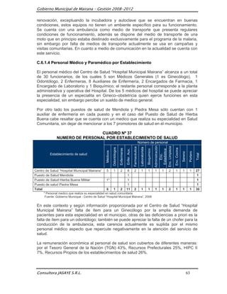 Gobierno Municipal de Mairana – Gestión 2008-2012

 renovación, exceptuando la incubadora y autoclave que se encuentran en buenas
 condiciones, estos equipos no tienen un ambiente específico para su funcionamiento.
 Se cuenta con una ambulancia como medio de transporte que presenta regulares
 condiciones de funcionamiento, además se dispone del medio de transporte de una
 moto que en principio estaba destinado exclusivamente para el programa de la malaria,
 sin embargo por falta de medios de transporte actualmente se usa en campañas y
 visitas comunitarias. En cuanto a medio de comunicación en la actualidad se cuenta con
 este servicio.

 C.6.1.4 Personal Médico y Paramédico por Establecimiento

 El personal médico del Centro de Salud “Hospital Municipal Mairana” alcanza a un total
 de 30 funcionarios, de los cuales 5 son Médicos Generales (1 es Ginecólogo), 1
 Odontólogo, 2 Enfermeras, 8 Auxiliares de Enfermería, 2 Encargados de Farmacia, 1
 Encargado de Laboratorio y 1 Bioquímico; el restante personal corresponde a la planta
 administrativa y operativa del Hospital. De los 5 médicos del hospital se puede apreciar
 la presencia de un especialita en Gineco–obstetricia quien ejerce funciones en esta
 especialidad, sin embargo percibe un sueldo de medico general.

 Por otro lado los puestos de salud de Mendiola y Piedra Mesa sólo cuentan con 1
 auxiliar de enfermería en cada puesto y en el caso del Puesto de Salud de Hierba
 Buena cabe resaltar que se cuenta con un medico que realiza su especialidad en Salud
 Comunitaria, sin dejar de mencionar a los 7 promotores de salud en el municipio.

                                CUADRO Nº 37
               NUMERO DE PERSONAL POR ESTABLECIMIENTO DE SALUD
                                                                                                                      Número de personal



                                                                                                                                                     Administración



                                                                                                                                                     Enc. Limpieza
                                                                                                       Farmacéutica

                                                                                                                        Laboratorista
                                                              Odontólogos




                                                                                                                                                                      Enc. Cocina
                                                                            Enfermeras

                                                                                         Enfer. Aux.




                                                                                                                                        Bioquimico



                                                                                                                                                      Estadistica
                                                    Médicos




                                                                                                                                                                                              Portero
                                                                                                                                                                                    Sereno



                                                                                                                                                                                                        Total
          Establecimiento de salud

                                                                                                                                                          Enc.

Centro de Salud “Hospital Municipal Mairana”        5          1            2             8             2                1              1            1    1     2     1             1         1         27
Puesto de Salud Mendiola                                                                  1                                                                                                              1
Puesto de Salud Hierba Buena Militar                1*                                    1                                                                                                              1
Puesto de salud Piedra Mesa                                                               1                                                                                                              1
Total                                               6          1            2            11             2                1              1            1    1     2     1             1         1         30
      * Personal medico que realiza su especialidad en salud comunitaria
       Fuente: Gobierno Municipal - Centro de Salud “Hospital Municipal Mairana”, 2008


 En este contexto y según información proporcionada por el Centro de Salud “Hospital
 Municipal Mairana” falta de ítem para un Ginecólogo por la amplia demanda de
 pacientes para esta especialidad en el municipio, otras de las deficiencias a priori es la
 falta de ítem para un odontólogo; también se puede apreciar la falta de un chofer para la
 conducción de la ambulancia, esta carencia actualmente es suplida por el mismo
 personal médico aspecto que repercute negativamente en la atención del servicio de
 salud.

 La remuneración económica al personal de salud son cubiertos de diferentes maneras:
 por el Tesoro General de la Nación (TGN) 43%, Recursos Prefecturales 25%, HIPC II
 7%, Recursos Propios de los establecimientos de salud 26%.



 Consultora JASAYE S.R.L.                                                                                                                                                                    63
 