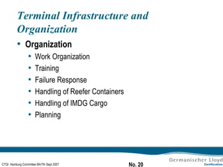 Terminal Infrastructure and Organization Organization Work Organization Training Failure Response Handling of Reefer Containers Handling of IMDG Cargo Planning 