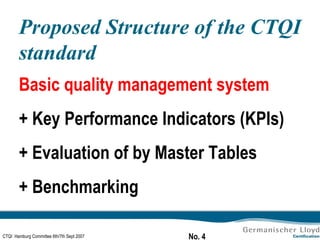 Proposed Structure of the CTQI standard Basic quality management system   + Key Performance Indicators (KPIs) + Evaluation of by Master Tables + Benchmarking 