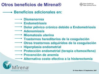 Otros beneficios de Mirena ® Beneficios adicionales en: Dismenorrea Endometriosis Dolor pélvico crónico debido a  Endometriosis Adenomiosis Miomatosis uterina Trastornos hereditarios de la coagulación Otros trastornos adquiridos de la coagulación Hiperplasia endometrial Protección endometrial (terapia c/tamoxifeno) Prevención de anemia Alternativa costo efectiva a la histerectomía 