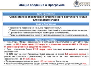 Общие сведения о Программе Содействие в обеспечении качественного доступного жилья для среднего класса Увеличение предложения на рынке первичного жилья; Стимулирование внедрения передовых технологий и повышение качества жилья; Привлечение частных инвестиций в жилищное строительство; Развитие стройиндустрии и институциональное развитие строительных компаний. Инвестиции Фонда недвижимости в жилищное строительство в 201 1 -2016 годы составят  до 689,7 млрд. тенге .  ( 517  млрд. тг. – кредитная линия от ФНБ +  171  млрд.   тг. рефинансированные средства по кредиту) . Будет привлечено более  213 ,0 млрд. тенге  частных инвестиций  в жилищное строительство. К 2016 году за счет Программы будет введено не менее  5,0 млн.кв.м. жилья  (с учетом малоэтажного строительства), в том числе за счет инвестиций Фонда недвижимости – до  3,1 млн. кв.м . Базовая цена реализации не выше  180 тыс.тенге  за 1 кв.м. жилья Казахстанское содержание в общем объеме товаров, работ и услуг составит до  70% . Цель Программы Задачи Программы Целевые индикаторы 