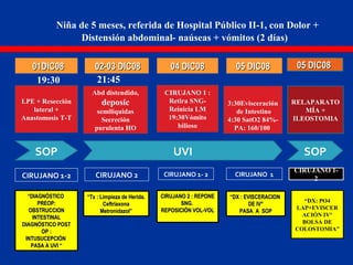 Niña de 5 meses, referida de Hospital Público II-1, con Dolor +
Distensión abdominal- naúseas + vómitos (2 días)
01DIC0801DIC08
““DIAGNÓSTICODIAGNÓSTICO
PREOP:PREOP:
OBSTRUCCIONOBSTRUCCION
INTESTINALINTESTINAL
DIAGNÓSTICO POSTDIAGNÓSTICO POST
OP :OP :
INTUSUCEPCIÓNINTUSUCEPCIÓN
PASA A UVI “PASA A UVI “
LPE + Resección
lateral +
Anastomosis T-T
02-03 DIC0802-03 DIC08 04 DIC0804 DIC08
CIRUJANO 2 : REPONECIRUJANO 2 : REPONE
SNG.SNG.
REPOSICIÓN VOL-VOLREPOSICIÓN VOL-VOL
““DX : EVISCERACIONDX : EVISCERACION
DE IV°DE IV°
PASA A SOPPASA A SOP
Abd distendido,
deposic
semilíquidas
Secreción
purulenta HO
3:30Evisceración
de Intestino
4:30 SatO2 84%-
PA: 160/100
CIRUJANO 1 :
Retira SNG-
Reinicia LM
19:30Vómito
bilioso
CIRUJANO 1-2 CIRUJANO 2 CIRUJANO 1
““Tx : Limpieza de Herida.Tx : Limpieza de Herida.
CeftriaxonaCeftriaxona
Metronidazol”Metronidazol”
19:30 21:45
05 DIC0805 DIC08
CIRUJANO 1- 2
05 DIC0805 DIC08
RELAPARATO
MÍA +
ILEOSTOMIA
CIRUJANO 1-
2
“DX: PO4
LAP+EVISCER
ACIÓN IV°
BOLSA DE
COLOSTOMIA”
SOP UVI SOP
 