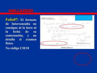 Folio07Folio07: El formato
de Interconsulta no
consigna ni la hora ni
la fecha de su
contestación, y no
detalla el examen
fisico.
No código CIE10
HALLAZGOSHALLAZGOS
 