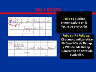 HALLAZGOS :
Folio 19 : Existe
enmendadura en la
fecha de evolución
Folio 19-R / Folio 24:
Cirujano 1 indica retirar
SNG en PO1 de ReLap,
y PO2 de 2da ReLap .
Corrección de notas de
evolución.
 