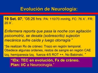 19 Set. 07; “08:26 hrs: PA: 110/70 mmHg, FC: 76 X´. FR:
20 X´.
Enfermera reporta que pasa la noche con agitación
psicomotriz, se desata (sobrescrito) sujeción
mecánica sufre caída y luego otorragía ”
“Se realizan Rx de cráneo: Trazo en región temporal.
Obedece algunas ordenes, restos de sangre en región CAE
Izq, hemiparesia Izq, fuerza 4/5 ROT ++, No Babinski, “
“IDx: TEC en evolución, Fx de cráneo.
Plan: I/C a Neurocirugía.”
Evolución de Neurología:Evolución de Neurología:
 