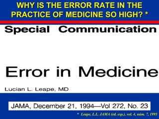 WHY IS THE ERROR RATE IN THEWHY IS THE ERROR RATE IN THE
PRACTICE OF MEDICINE SO HIGH?PRACTICE OF MEDICINE SO HIGH? **
* Leape, L.L. JAMA (ed. esp.), vol. 4, núm. 7, 1995
 