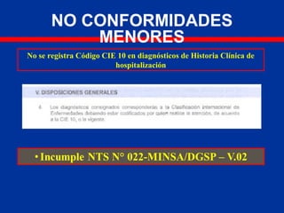 NO CONFORMIDADES
MENORES
No se registra Código CIE 10 en diagnósticos de Historia Clínica de
hospitalización
 