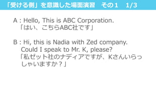 「受ける側」を意識識した場⾯面演習 　その１ 　1/3
A：Hello,  This  is  ABC  Corporation.
    「はい、こちらABC社です」
B：Hi,  this  is  Nadia  with  Zed  company.  
Could  I  speak  to  Mr.  K,  please?
    「私ゼット社のナディアですが、Kさんいらっ
しゃいますか？」
 