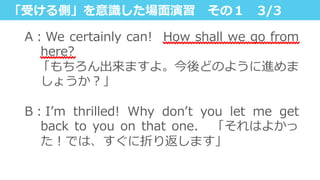 「受ける側」を意識識した場⾯面演習 　その１ 　3/3
A：We  certainly  can!    How  shall  we  go  from  
here?
     「もちろん出来ますよ。今後どのように進めま
しょうか？」
B：Iʼ’m   thrilled!   Why   donʼ’t   you   let   me   get  
back  to  you  on  that  one.     「それはよかっ
た！では、すぐに折り返します」
 