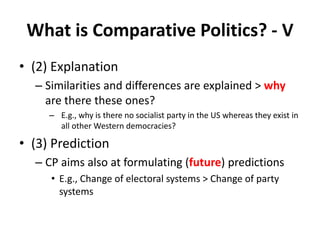 What is Comparative Politics? - V
• (2) Explanation
– Similarities and differences are explained > why
are there these ones?
– E.g., why is there no socialist party in the US whereas they exist in
all other Western democracies?
• (3) Prediction
– CP aims also at formulating (future) predictions
• E.g., Change of electoral systems > Change of party
systems
 