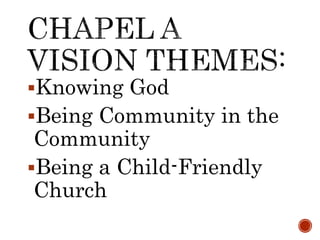 Knowing God 
Being Community in the 
Community 
Being a Child-Friendly 
Church 
 