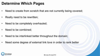 Determine Which Pages
• Need to create from scratch that are not currently being covered;
• Really need to be rewritten;
• Need to be completely overhauled;
• Need to be combined;
• Need to be interlinked better throughout the domain;
• Need some degree of external link love in order to rank better
 