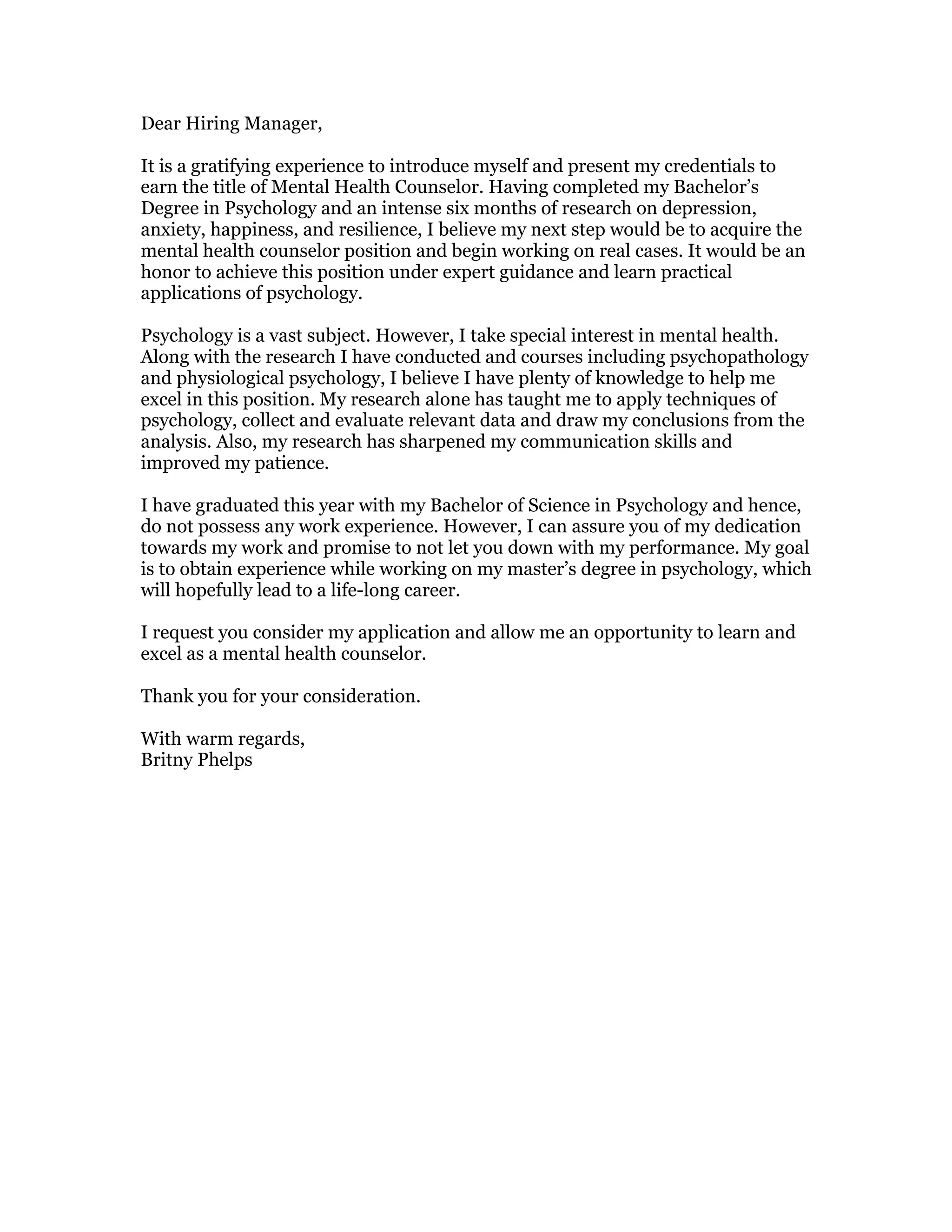 cover letter mental health counselor PDF