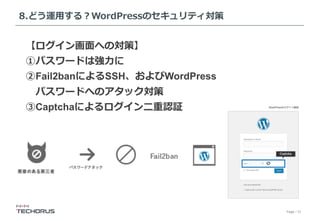 Page／31
8.どう運⽤する？WordPressのセキュリティ対策
【ログイン画⾯への対策】
①パスワードは強⼒に
②Fail2banによるSSH、およびWordPress
 パスワードへのアタック対策
③Captchaによるログイン⼆重認証
 