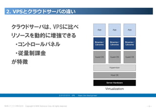 NHN テコラス株式会社 Copyright © NHN Techorus Corp. All rights reserved. －6－
2. VPSとクラウドサーバの違い
エクスクラウド VPS  https://ex-cloud.jp/vps/
クラウドサーバは、VPSに比べ
リソースを動的に増強できる
　・コントロールパネル
　・従量制課金
が特徴
 