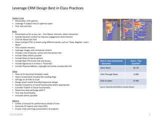 Leverage CRM Design Best in Class Practices 
Subject Lines 
• Personalize, CTA upfront, 
• Leverage 4 subject lines to optimize open 
• Test, test and test. 
Body 
• Personalize as far as you can….First Name, Interests, latest interaction 
• Include Dynamic content to improve engagement (and interest) 
• CTA link Above the Fold 
• Have multiple CTA’s in email using different words, such as “View, Register, Learn 
More” 
• Test creative versions 
• Leverage images and contextual content 
• Include a mix of passive, active and interactive links 
• Include Video where possible 
• Include Share to Social options 
• Include Rate This Email Link and Survey 
• Include Signature or at least a “Sincerely” 
• Include Physical Address, copyright and active unsubscribe link 
Other 
• Have an Errata email template ready 
• Have a customized Unsubscribe Landing Page 
• GA tags on all links to track 
• Design email mobile friendly/responsive design 
• Include Forward to a Friend functionality where appropriate 
• Consider Publish to Social functionality 
• Determine data exchange with IT 
• Test new functionality 
• Innovate where possible 
Metrics 
• Create a Forecast for performance ahead of time 
• Generate SP reports and share PDFs 
• Create a Key Learnings presentation of program 
Best-in-class benchmark 
– Education 
Score – Top 
Quartile* 
Open Rates 46.1% 
Click Through Rates 12.8% 
Click to Open 27.8% 
Source: SilverPop 2012 Metrics Analysis Report 
11/25/2014 1 
