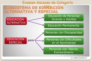 Lic. Adolfo Arancibia M.
EDUCACIÓN
ALTERNATIVA
EDUCACIÓN
ESPECIAL
SUBSISTEMA DE EDUCACIÓN
ALTERNATIVA Y ESPECIAL
Educación Permanente.
Educación de Personas
Jóvenes y Adultas
Personas con Talento
Extraordinario
Personas con Dificultades
en el Aprendizaje
Personas con Discapacidad
 