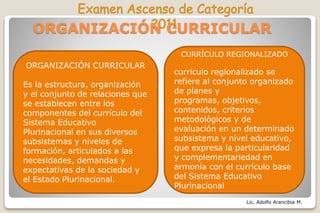 Lic. Adolfo Arancibia M.
ORGANIZACIÓN CURRICULAR
ORGANIZACIÓN CURRICULAR
Es la estructura, organización
y el conjunto de relaciones que
se establecen entre los
componentes del currículo del
Sistema Educativo
Plurinacional en sus diversos
subsistemas y niveles de
formación, articulados a las
necesidades, demandas y
expectativas de la sociedad y
el Estado Plurinacional.
CURRÍCULO REGIONALIZADO
currículo regionalizado se
refiere al conjunto organizado
de planes y
programas, objetivos,
contenidos, criterios
metodológicos y de
evaluación en un determinado
subsistema y nivel educativo,
que expresa la particularidad
y complementariedad en
armonía con el currículo base
del Sistema Educativo
Plurinacional
 