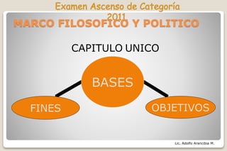 Lic. Adolfo Arancibia M.
MARCO FILOSOFICO Y POLITICO
FINES OBJETIVOS
BASES
CAPITULO UNICO
 