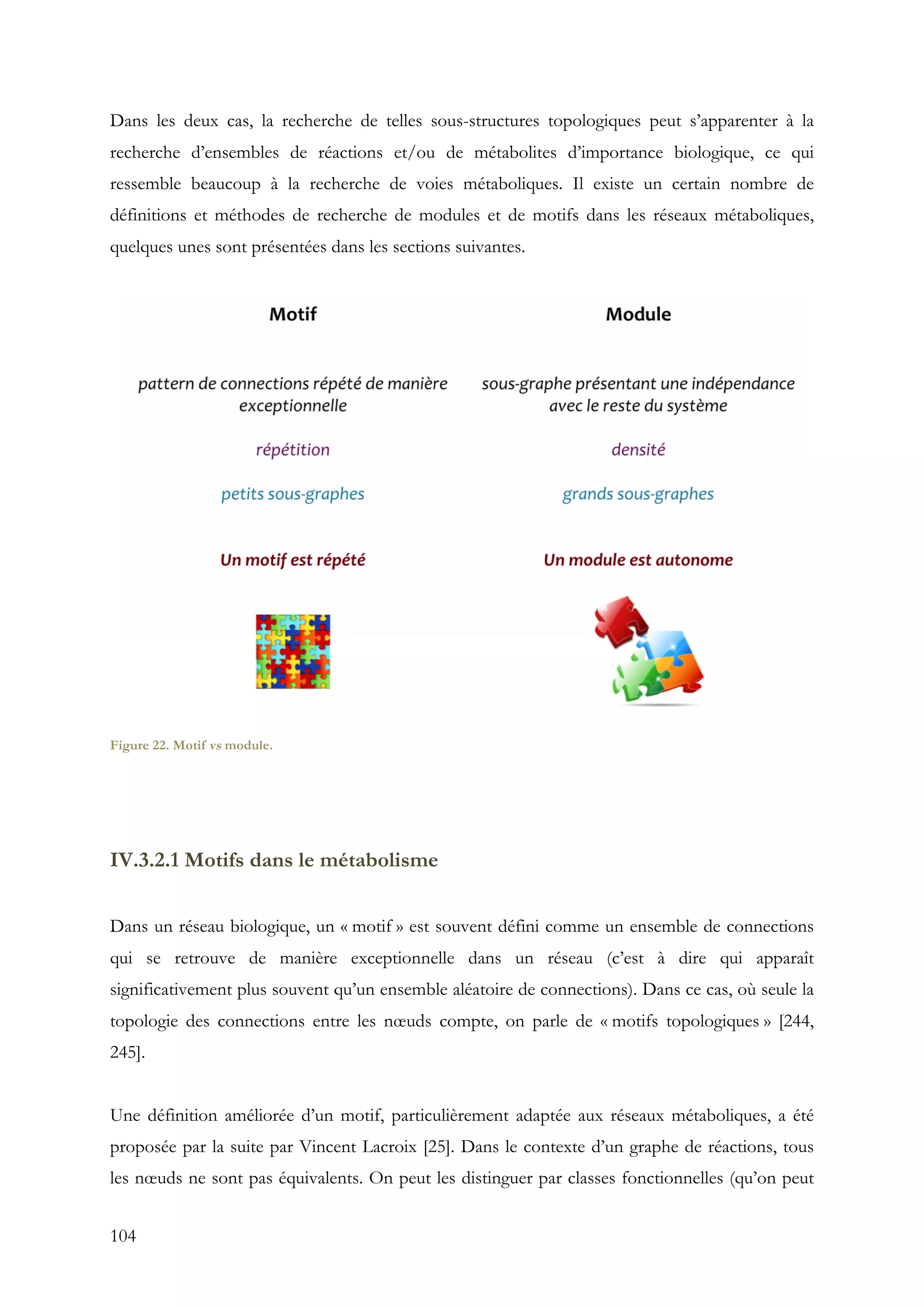 104
Dans les deux cas, la recherche de telles sous-structures topologiques peut s’apparenter à la
recherche d’ensembles de réactions et/ou de métabolites d’importance biologique, ce qui
ressemble beaucoup à la recherche de voies métaboliques. Il existe un certain nombre de
définitions et méthodes de recherche de modules et de motifs dans les réseaux métaboliques,
quelques unes sont présentées dans les sections suivantes.
Figure 22. Motif vs module.
IV.3.2.1 Motifs dans le métabolisme
Dans un réseau biologique, un « motif » est souvent défini comme un ensemble de connections
qui se retrouve de manière exceptionnelle dans un réseau (c’est à dire qui apparaît
significativement plus souvent qu’un ensemble aléatoire de connections). Dans ce cas, où seule la
topologie des connections entre les nœuds compte, on parle de « motifs topologiques » [244,
245].
Une définition améliorée d’un motif, particulièrement adaptée aux réseaux métaboliques, a été
proposée par la suite par Vincent Lacroix [25]. Dans le contexte d’un graphe de réactions, tous
les nœuds ne sont pas équivalents. On peut les distinguer par classes fonctionnelles (qu’on peut
 