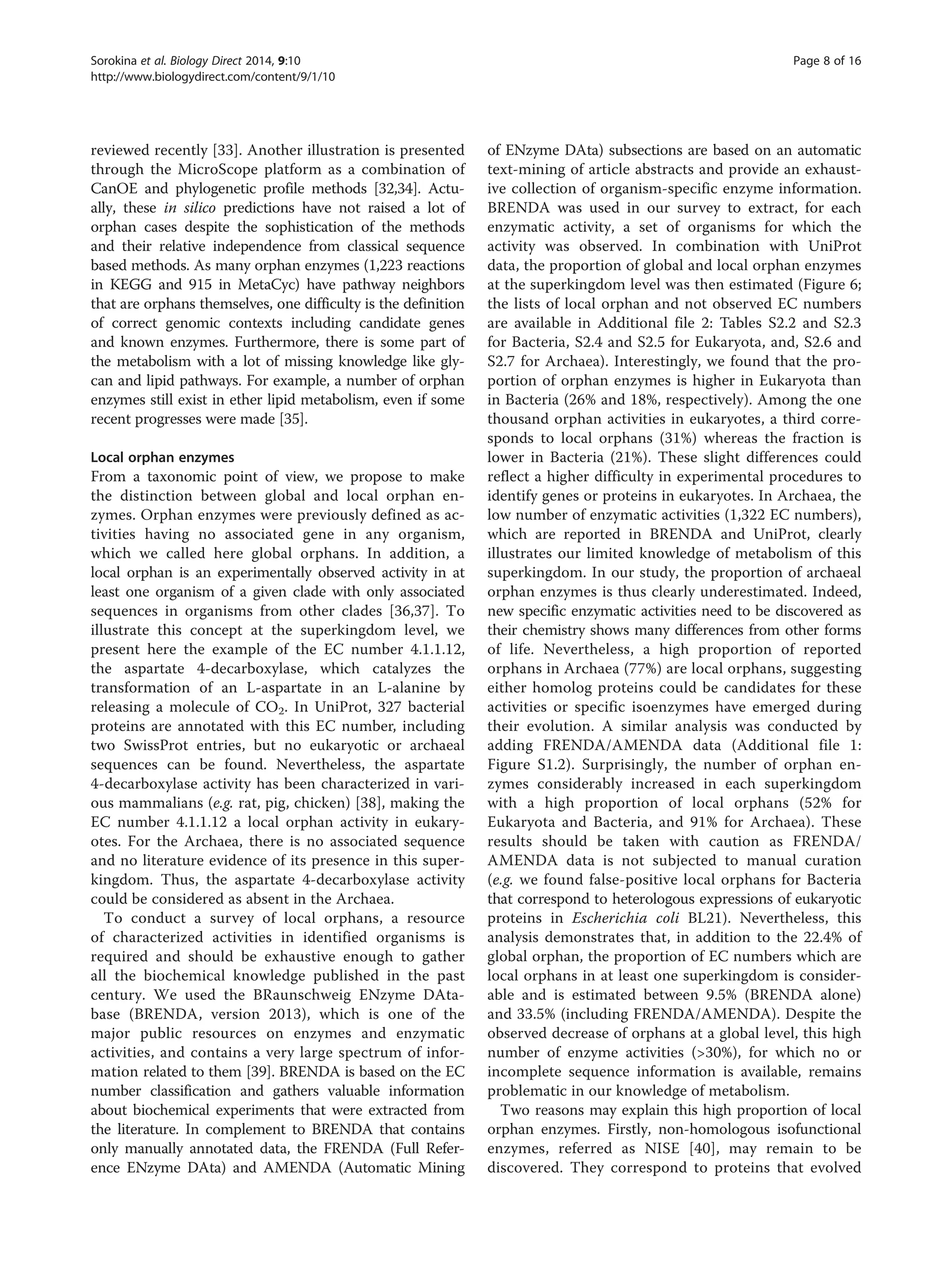 reviewed recently [33]. Another illustration is presented
through the MicroScope platform as a combination of
CanOE and phylogenetic profile methods [32,34]. Actu-
ally, these in silico predictions have not raised a lot of
orphan cases despite the sophistication of the methods
and their relative independence from classical sequence
based methods. As many orphan enzymes (1,223 reactions
in KEGG and 915 in MetaCyc) have pathway neighbors
that are orphans themselves, one difficulty is the definition
of correct genomic contexts including candidate genes
and known enzymes. Furthermore, there is some part of
the metabolism with a lot of missing knowledge like gly-
can and lipid pathways. For example, a number of orphan
enzymes still exist in ether lipid metabolism, even if some
recent progresses were made [35].
Local orphan enzymes
From a taxonomic point of view, we propose to make
the distinction between global and local orphan en-
zymes. Orphan enzymes were previously defined as ac-
tivities having no associated gene in any organism,
which we called here global orphans. In addition, a
local orphan is an experimentally observed activity in at
least one organism of a given clade with only associated
sequences in organisms from other clades [36,37]. To
illustrate this concept at the superkingdom level, we
present here the example of the EC number 4.1.1.12,
the aspartate 4-decarboxylase, which catalyzes the
transformation of an L-aspartate in an L-alanine by
releasing a molecule of CO2. In UniProt, 327 bacterial
proteins are annotated with this EC number, including
two SwissProt entries, but no eukaryotic or archaeal
sequences can be found. Nevertheless, the aspartate
4-decarboxylase activity has been characterized in vari-
ous mammalians (e.g. rat, pig, chicken) [38], making the
EC number 4.1.1.12 a local orphan activity in eukary-
otes. For the Archaea, there is no associated sequence
and no literature evidence of its presence in this super-
kingdom. Thus, the aspartate 4-decarboxylase activity
could be considered as absent in the Archaea.
To conduct a survey of local orphans, a resource
of characterized activities in identified organisms is
required and should be exhaustive enough to gather
all the biochemical knowledge published in the past
century. We used the BRaunschweig ENzyme DAta-
base (BRENDA, version 2013), which is one of the
major public resources on enzymes and enzymatic
activities, and contains a very large spectrum of infor-
mation related to them [39]. BRENDA is based on the EC
number classification and gathers valuable information
about biochemical experiments that were extracted from
the literature. In complement to BRENDA that contains
only manually annotated data, the FRENDA (Full Refer-
ence ENzyme DAta) and AMENDA (Automatic Mining
of ENzyme DAta) subsections are based on an automatic
text-mining of article abstracts and provide an exhaust-
ive collection of organism-specific enzyme information.
BRENDA was used in our survey to extract, for each
enzymatic activity, a set of organisms for which the
activity was observed. In combination with UniProt
data, the proportion of global and local orphan enzymes
at the superkingdom level was then estimated (Figure 6;
the lists of local orphan and not observed EC numbers
are available in Additional file 2: Tables S2.2 and S2.3
for Bacteria, S2.4 and S2.5 for Eukaryota, and, S2.6 and
S2.7 for Archaea). Interestingly, we found that the pro-
portion of orphan enzymes is higher in Eukaryota than
in Bacteria (26% and 18%, respectively). Among the one
thousand orphan activities in eukaryotes, a third corre-
sponds to local orphans (31%) whereas the fraction is
lower in Bacteria (21%). These slight differences could
reflect a higher difficulty in experimental procedures to
identify genes or proteins in eukaryotes. In Archaea, the
low number of enzymatic activities (1,322 EC numbers),
which are reported in BRENDA and UniProt, clearly
illustrates our limited knowledge of metabolism of this
superkingdom. In our study, the proportion of archaeal
orphan enzymes is thus clearly underestimated. Indeed,
new specific enzymatic activities need to be discovered as
their chemistry shows many differences from other forms
of life. Nevertheless, a high proportion of reported
orphans in Archaea (77%) are local orphans, suggesting
either homolog proteins could be candidates for these
activities or specific isoenzymes have emerged during
their evolution. A similar analysis was conducted by
adding FRENDA/AMENDA data (Additional file 1:
Figure S1.2). Surprisingly, the number of orphan en-
zymes considerably increased in each superkingdom
with a high proportion of local orphans (52% for
Eukaryota and Bacteria, and 91% for Archaea). These
results should be taken with caution as FRENDA/
AMENDA data is not subjected to manual curation
(e.g. we found false-positive local orphans for Bacteria
that correspond to heterologous expressions of eukaryotic
proteins in Escherichia coli BL21). Nevertheless, this
analysis demonstrates that, in addition to the 22.4% of
global orphan, the proportion of EC numbers which are
local orphans in at least one superkingdom is consider-
able and is estimated between 9.5% (BRENDA alone)
and 33.5% (including FRENDA/AMENDA). Despite the
observed decrease of orphans at a global level, this high
number of enzyme activities (>30%), for which no or
incomplete sequence information is available, remains
problematic in our knowledge of metabolism.
Two reasons may explain this high proportion of local
orphan enzymes. Firstly, non-homologous isofunctional
enzymes, referred as NISE [40], may remain to be
discovered. They correspond to proteins that evolved
Sorokina et al. Biology Direct 2014, 9:10 Page 8 of 16
http://www.biologydirect.com/content/9/1/10
 