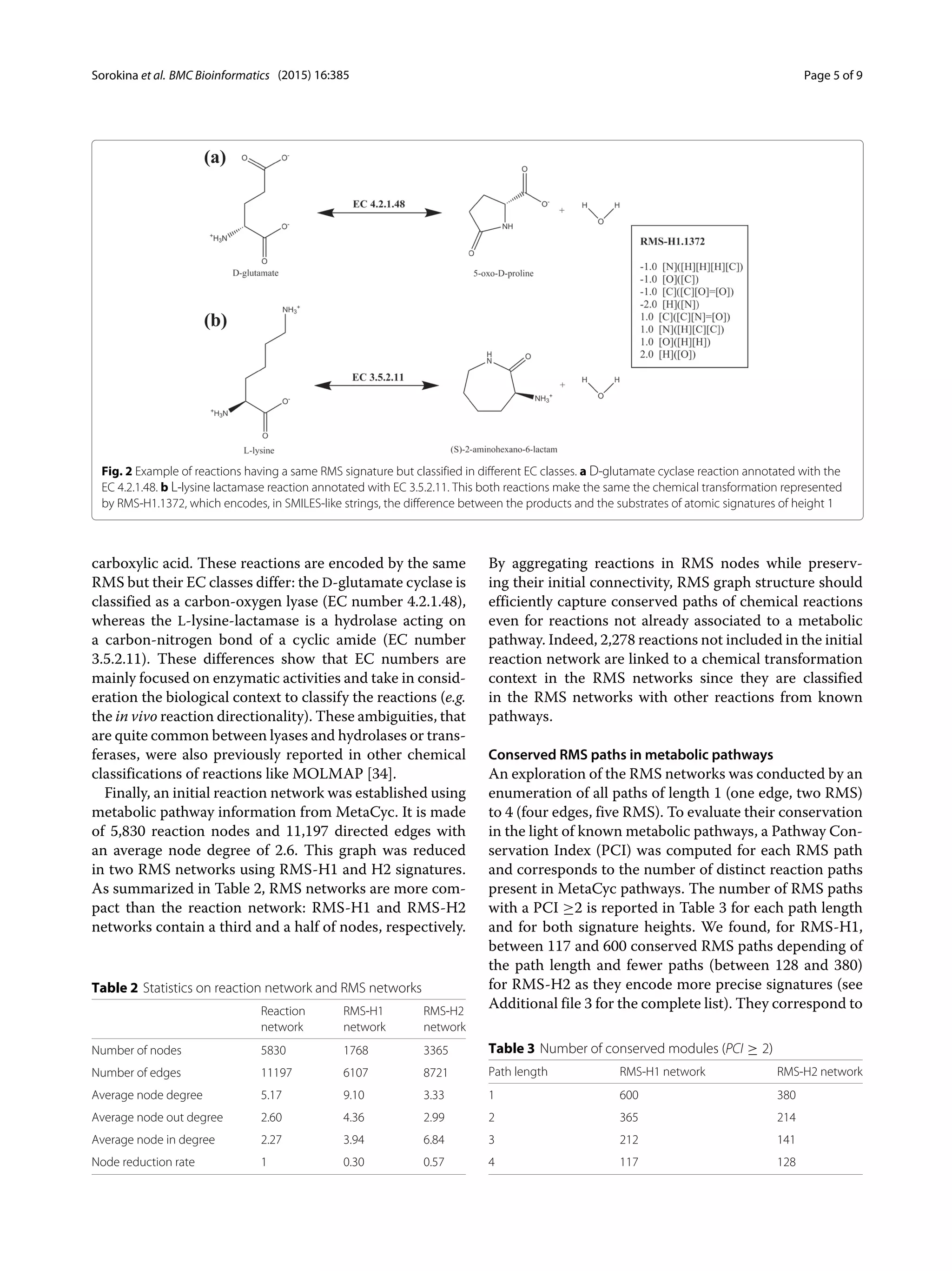 Sorokina et al. BMC Bioinformatics (2015) 16:385 Page 5 of 9
Fig. 2 Example of reactions having a same RMS signature but classified in different EC classes. a D-glutamate cyclase reaction annotated with the
EC 4.2.1.48. b L-lysine lactamase reaction annotated with EC 3.5.2.11. This both reactions make the same the chemical transformation represented
by RMS-H1.1372, which encodes, in SMILES-like strings, the difference between the products and the substrates of atomic signatures of height 1
carboxylic acid. These reactions are encoded by the same
RMS but their EC classes differ: the D-glutamate cyclase is
classified as a carbon-oxygen lyase (EC number 4.2.1.48),
whereas the L-lysine-lactamase is a hydrolase acting on
a carbon-nitrogen bond of a cyclic amide (EC number
3.5.2.11). These differences show that EC numbers are
mainly focused on enzymatic activities and take in consid-
eration the biological context to classify the reactions (e.g.
the in vivo reaction directionality). These ambiguities, that
are quite common between lyases and hydrolases or trans-
ferases, were also previously reported in other chemical
classifications of reactions like MOLMAP [34].
Finally, an initial reaction network was established using
metabolic pathway information from MetaCyc. It is made
of 5,830 reaction nodes and 11,197 directed edges with
an average node degree of 2.6. This graph was reduced
in two RMS networks using RMS-H1 and H2 signatures.
As summarized in Table 2, RMS networks are more com-
pact than the reaction network: RMS-H1 and RMS-H2
networks contain a third and a half of nodes, respectively.
Table 2 Statistics on reaction network and RMS networks
Reaction RMS-H1 RMS-H2
network network network
Number of nodes 5830 1768 3365
Number of edges 11197 6107 8721
Average node degree 5.17 9.10 3.33
Average node out degree 2.60 4.36 2.99
Average node in degree 2.27 3.94 6.84
Node reduction rate 1 0.30 0.57
By aggregating reactions in RMS nodes while preserv-
ing their initial connectivity, RMS graph structure should
efficiently capture conserved paths of chemical reactions
even for reactions not already associated to a metabolic
pathway. Indeed, 2,278 reactions not included in the initial
reaction network are linked to a chemical transformation
context in the RMS networks since they are classified
in the RMS networks with other reactions from known
pathways.
Conserved RMS paths in metabolic pathways
An exploration of the RMS networks was conducted by an
enumeration of all paths of length 1 (one edge, two RMS)
to 4 (four edges, five RMS). To evaluate their conservation
in the light of known metabolic pathways, a Pathway Con-
servation Index (PCI) was computed for each RMS path
and corresponds to the number of distinct reaction paths
present in MetaCyc pathways. The number of RMS paths
with a PCI ≥2 is reported in Table 3 for each path length
and for both signature heights. We found, for RMS-H1,
between 117 and 600 conserved RMS paths depending of
the path length and fewer paths (between 128 and 380)
for RMS-H2 as they encode more precise signatures (see
Additional file 3 for the complete list). They correspond to
Table 3 Number of conserved modules (PCI ≥ 2)
Path length RMS-H1 network RMS-H2 network
1 600 380
2 365 214
3 212 141
4 117 128
 
