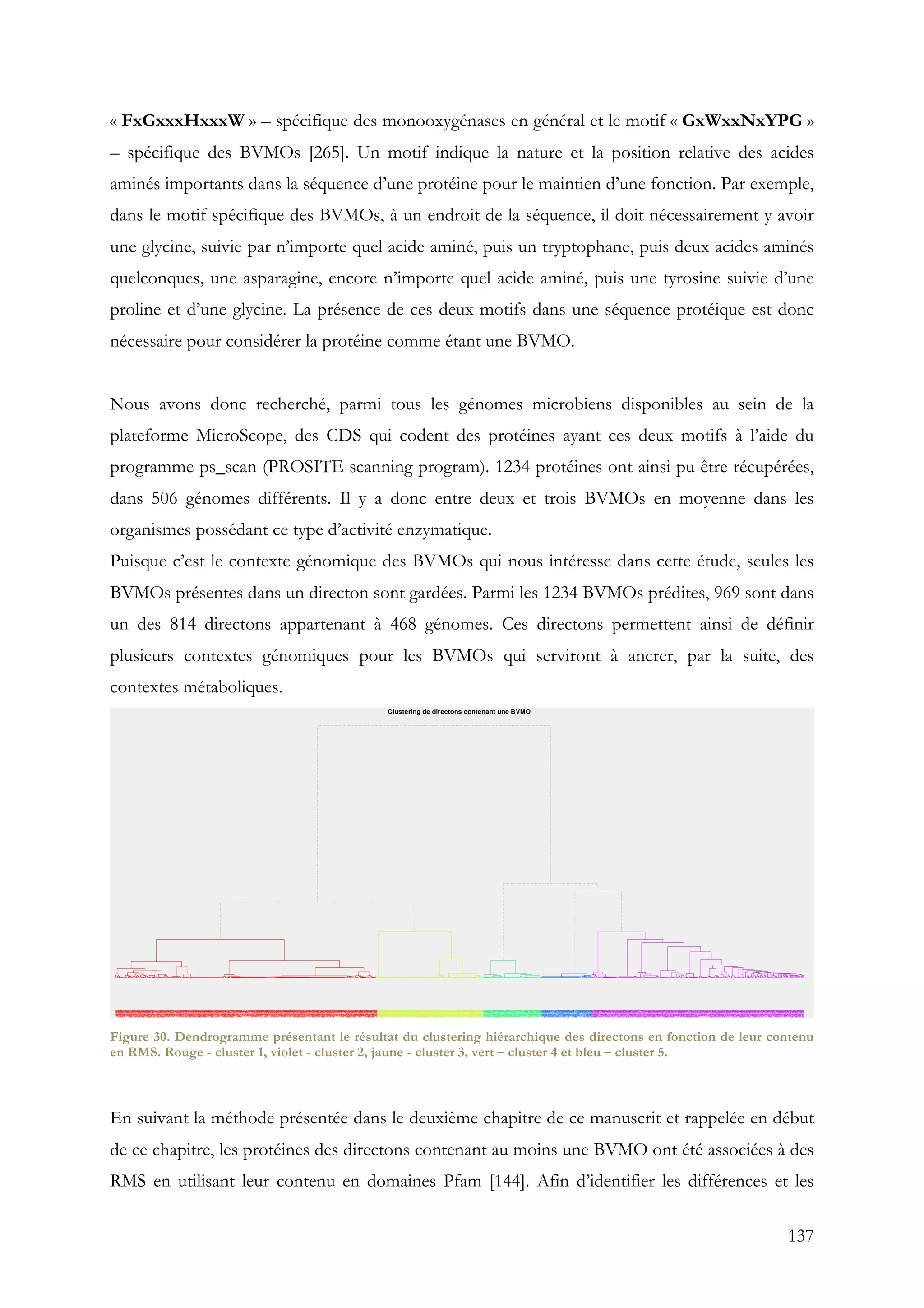 137
« FxGxxxHxxxW » – spécifique des monooxygénases en général et le motif « GxWxxNxYPG »
– spécifique des BVMOs [265]. Un motif indique la nature et la position relative des acides
aminés importants dans la séquence d’une protéine pour le maintien d’une fonction. Par exemple,
dans le motif spécifique des BVMOs, à un endroit de la séquence, il doit nécessairement y avoir
une glycine, suivie par n’importe quel acide aminé, puis un tryptophane, puis deux acides aminés
quelconques, une asparagine, encore n’importe quel acide aminé, puis une tyrosine suivie d’une
proline et d’une glycine. La présence de ces deux motifs dans une séquence protéique est donc
nécessaire pour considérer la protéine comme étant une BVMO.
Nous avons donc recherché, parmi tous les génomes microbiens disponibles au sein de la
plateforme MicroScope, des CDS qui codent des protéines ayant ces deux motifs à l’aide du
programme ps_scan (PROSITE scanning program). 1234 protéines ont ainsi pu être récupérées,
dans 506 génomes différents. Il y a donc entre deux et trois BVMOs en moyenne dans les
organismes possédant ce type d’activité enzymatique.
Puisque c’est le contexte génomique des BVMOs qui nous intéresse dans cette étude, seules les
BVMOs présentes dans un directon sont gardées. Parmi les 1234 BVMOs prédites, 969 sont dans
un des 814 directons appartenant à 468 génomes. Ces directons permettent ainsi de définir
plusieurs contextes génomiques pour les BVMOs qui serviront à ancrer, par la suite, des
contextes métaboliques.
Figure 30. Dendrogramme présentant le résultat du clustering hiérarchique des directons en fonction de leur contenu
en RMS. Rouge - cluster 1, violet - cluster 2, jaune - cluster 3, vert – cluster 4 et bleu – cluster 5.
En suivant la méthode présentée dans le deuxième chapitre de ce manuscrit et rappelée en début
de ce chapitre, les protéines des directons contenant au moins une BVMO ont été associées à des
RMS en utilisant leur contenu en domaines Pfam [144]. Afin d’identifier les différences et les
 