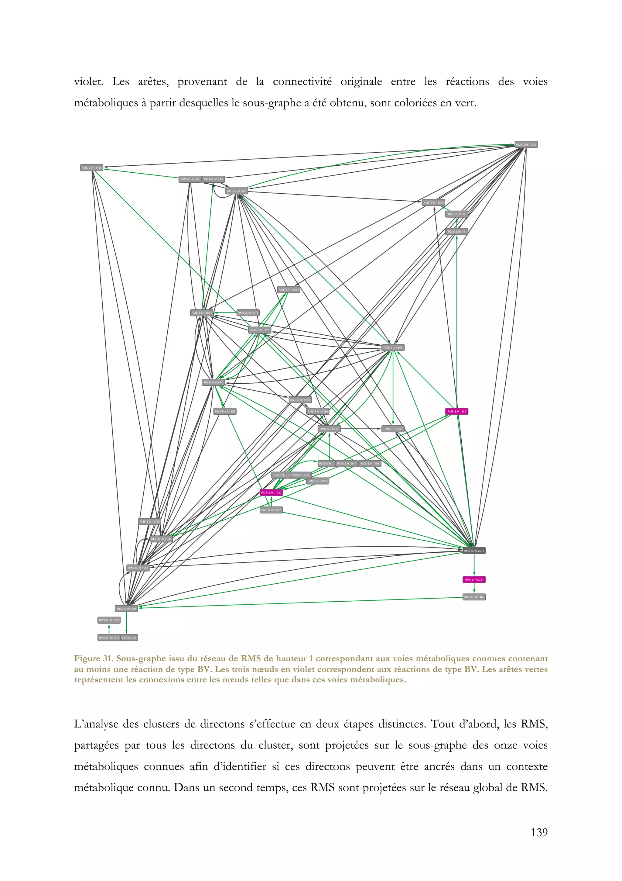139
violet. Les arêtes, provenant de la connectivité originale entre les réactions des voies
métaboliques à partir desquelles le sous-graphe a été obtenu, sont coloriées en vert.
Figure 31. Sous-graphe issu du réseau de RMS de hauteur 1 correspondant aux voies métaboliques connues contenant
au moins une réaction de type BV. Les trois nœuds en violet correspondent aux réactions de type BV. Les arêtes vertes
représentent les connexions entre les nœuds telles que dans ces voies métaboliques.
L’analyse des clusters de directons s’effectue en deux étapes distinctes. Tout d’abord, les RMS,
partagées par tous les directons du cluster, sont projetées sur le sous-graphe des onze voies
métaboliques connues afin d’identifier si ces directons peuvent être ancrés dans un contexte
métabolique connu. Dans un second temps, ces RMS sont projetées sur le réseau global de RMS.
 