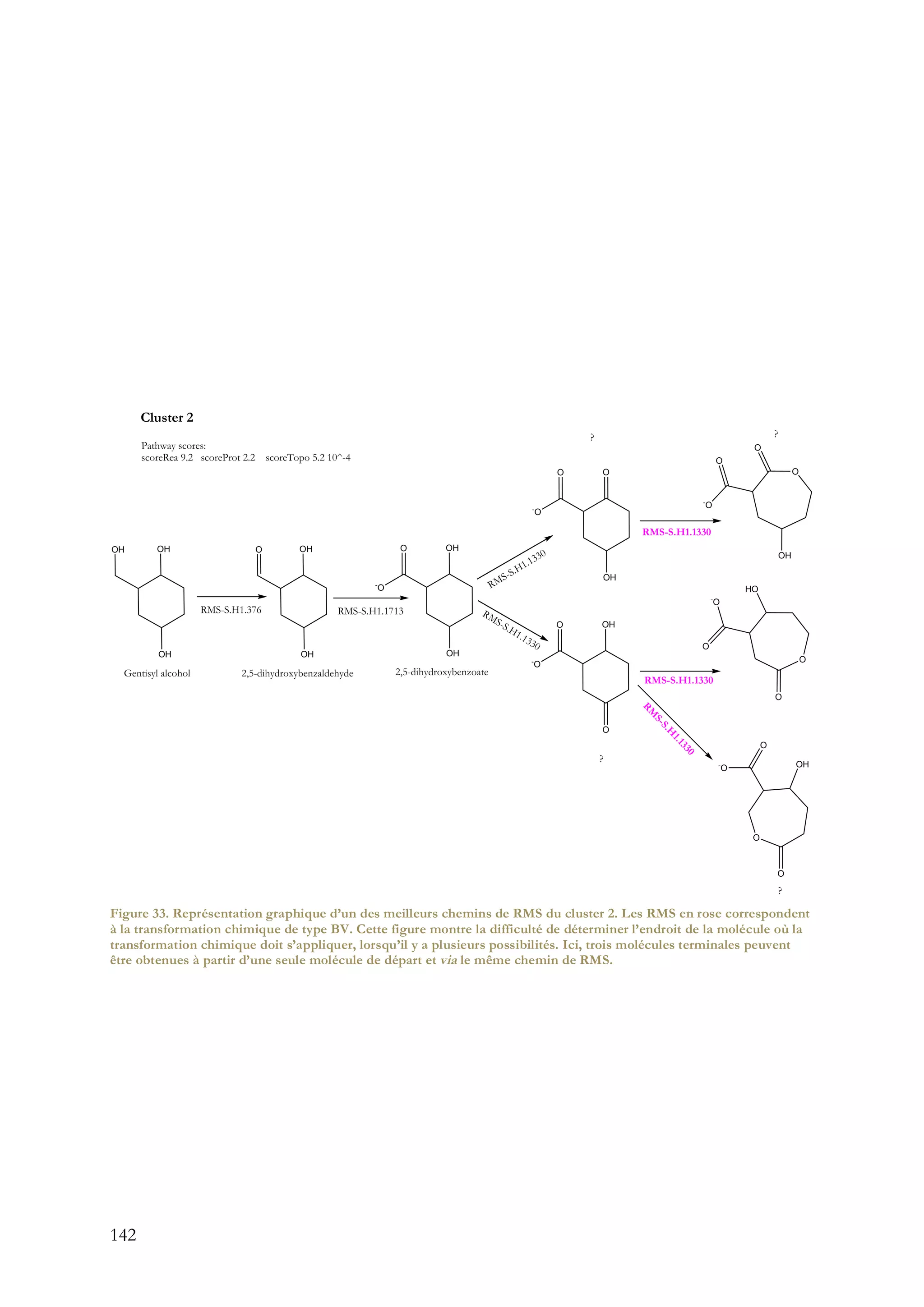 142
Figure 33. Représentation graphique d’un des meilleurs chemins de RMS du cluster 2. Les RMS en rose correspondent
à la transformation chimique de type BV. Cette figure montre la difficulté de déterminer l’endroit de la molécule où la
transformation chimique doit s’appliquer, lorsqu’il y a plusieurs possibilités. Ici, trois molécules terminales peuvent
être obtenues à partir d’une seule molécule de départ et via le même chemin de RMS.
 