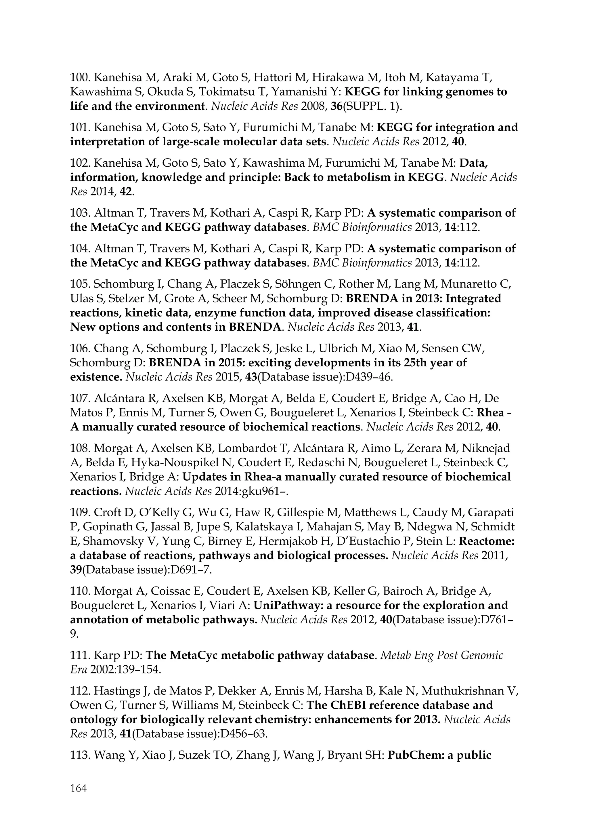 164
100. Kanehisa M, Araki M, Goto S, Hattori M, Hirakawa M, Itoh M, Katayama T,
Kawashima S, Okuda S, Tokimatsu T, Yamanishi Y: KEGG for linking genomes to
life and the environment. Nucleic Acids Res 2008, 36(SUPPL. 1).
101. Kanehisa M, Goto S, Sato Y, Furumichi M, Tanabe M: KEGG for integration and
interpretation of large-scale molecular data sets. Nucleic Acids Res 2012, 40.
102. Kanehisa M, Goto S, Sato Y, Kawashima M, Furumichi M, Tanabe M: Data,
information, knowledge and principle: Back to metabolism in KEGG. Nucleic Acids
Res 2014, 42.
103. Altman T, Travers M, Kothari A, Caspi R, Karp PD: A systematic comparison of
the MetaCyc and KEGG pathway databases. BMC Bioinformatics 2013, 14:112.
104. Altman T, Travers M, Kothari A, Caspi R, Karp PD: A systematic comparison of
the MetaCyc and KEGG pathway databases. BMC Bioinformatics 2013, 14:112.
105. Schomburg I, Chang A, Placzek S, Söhngen C, Rother M, Lang M, Munaretto C,
Ulas S, Stelzer M, Grote A, Scheer M, Schomburg D: BRENDA in 2013: Integrated
reactions, kinetic data, enzyme function data, improved disease classification:
New options and contents in BRENDA. Nucleic Acids Res 2013, 41.
106. Chang A, Schomburg I, Placzek S, Jeske L, Ulbrich M, Xiao M, Sensen CW,
Schomburg D: BRENDA in 2015: exciting developments in its 25th year of
existence. Nucleic Acids Res 2015, 43(Database issue):D439–46.
107. Alcántara R, Axelsen KB, Morgat A, Belda E, Coudert E, Bridge A, Cao H, De
Matos P, Ennis M, Turner S, Owen G, Bougueleret L, Xenarios I, Steinbeck C: Rhea -
A manually curated resource of biochemical reactions. Nucleic Acids Res 2012, 40.
108. Morgat A, Axelsen KB, Lombardot T, Alcántara R, Aimo L, Zerara M, Niknejad
A, Belda E, Hyka-Nouspikel N, Coudert E, Redaschi N, Bougueleret L, Steinbeck C,
Xenarios I, Bridge A: Updates in Rhea-a manually curated resource of biochemical
reactions. Nucleic Acids Res 2014:gku961–.
109. Croft D, O’Kelly G, Wu G, Haw R, Gillespie M, Matthews L, Caudy M, Garapati
P, Gopinath G, Jassal B, Jupe S, Kalatskaya I, Mahajan S, May B, Ndegwa N, Schmidt
E, Shamovsky V, Yung C, Birney E, Hermjakob H, D’Eustachio P, Stein L: Reactome:
a database of reactions, pathways and biological processes. Nucleic Acids Res 2011,
39(Database issue):D691–7.
110. Morgat A, Coissac E, Coudert E, Axelsen KB, Keller G, Bairoch A, Bridge A,
Bougueleret L, Xenarios I, Viari A: UniPathway: a resource for the exploration and
annotation of metabolic pathways. Nucleic Acids Res 2012, 40(Database issue):D761–
9.
111. Karp PD: The MetaCyc metabolic pathway database. Metab Eng Post Genomic
Era 2002:139–154.
112. Hastings J, de Matos P, Dekker A, Ennis M, Harsha B, Kale N, Muthukrishnan V,
Owen G, Turner S, Williams M, Steinbeck C: The ChEBI reference database and
ontology for biologically relevant chemistry: enhancements for 2013. Nucleic Acids
Res 2013, 41(Database issue):D456–63.
113. Wang Y, Xiao J, Suzek TO, Zhang J, Wang J, Bryant SH: PubChem: a public
 