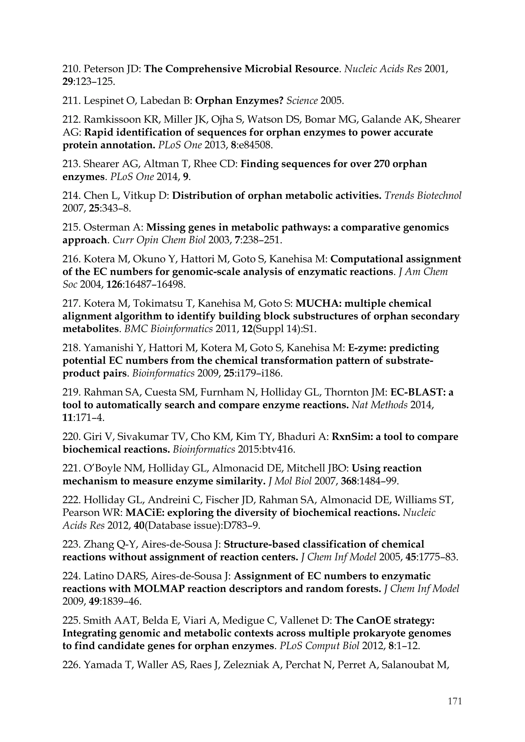 171
210. Peterson JD: The Comprehensive Microbial Resource. Nucleic Acids Res 2001,
29:123–125.
211. Lespinet O, Labedan B: Orphan Enzymes? Science 2005.
212. Ramkissoon KR, Miller JK, Ojha S, Watson DS, Bomar MG, Galande AK, Shearer
AG: Rapid identification of sequences for orphan enzymes to power accurate
protein annotation. PLoS One 2013, 8:e84508.
213. Shearer AG, Altman T, Rhee CD: Finding sequences for over 270 orphan
enzymes. PLoS One 2014, 9.
214. Chen L, Vitkup D: Distribution of orphan metabolic activities. Trends Biotechnol
2007, 25:343–8.
215. Osterman A: Missing genes in metabolic pathways: a comparative genomics
approach. Curr Opin Chem Biol 2003, 7:238–251.
216. Kotera M, Okuno Y, Hattori M, Goto S, Kanehisa M: Computational assignment
of the EC numbers for genomic-scale analysis of enzymatic reactions. J Am Chem
Soc 2004, 126:16487–16498.
217. Kotera M, Tokimatsu T, Kanehisa M, Goto S: MUCHA: multiple chemical
alignment algorithm to identify building block substructures of orphan secondary
metabolites. BMC Bioinformatics 2011, 12(Suppl 14):S1.
218. Yamanishi Y, Hattori M, Kotera M, Goto S, Kanehisa M: E-zyme: predicting
potential EC numbers from the chemical transformation pattern of substrate-
product pairs. Bioinformatics 2009, 25:i179–i186.
219. Rahman SA, Cuesta SM, Furnham N, Holliday GL, Thornton JM: EC-BLAST: a
tool to automatically search and compare enzyme reactions. Nat Methods 2014,
11:171–4.
220. Giri V, Sivakumar TV, Cho KM, Kim TY, Bhaduri A: RxnSim: a tool to compare
biochemical reactions. Bioinformatics 2015:btv416.
221. O’Boyle NM, Holliday GL, Almonacid DE, Mitchell JBO: Using reaction
mechanism to measure enzyme similarity. J Mol Biol 2007, 368:1484–99.
222. Holliday GL, Andreini C, Fischer JD, Rahman SA, Almonacid DE, Williams ST,
Pearson WR: MACiE: exploring the diversity of biochemical reactions. Nucleic
Acids Res 2012, 40(Database issue):D783–9.
223. Zhang Q-Y, Aires-de-Sousa J: Structure-based classification of chemical
reactions without assignment of reaction centers. J Chem Inf Model 2005, 45:1775–83.
224. Latino DARS, Aires-de-Sousa J: Assignment of EC numbers to enzymatic
reactions with MOLMAP reaction descriptors and random forests. J Chem Inf Model
2009, 49:1839–46.
225. Smith AAT, Belda E, Viari A, Medigue C, Vallenet D: The CanOE strategy:
Integrating genomic and metabolic contexts across multiple prokaryote genomes
to find candidate genes for orphan enzymes. PLoS Comput Biol 2012, 8:1–12.
226. Yamada T, Waller AS, Raes J, Zelezniak A, Perchat N, Perret A, Salanoubat M,
 