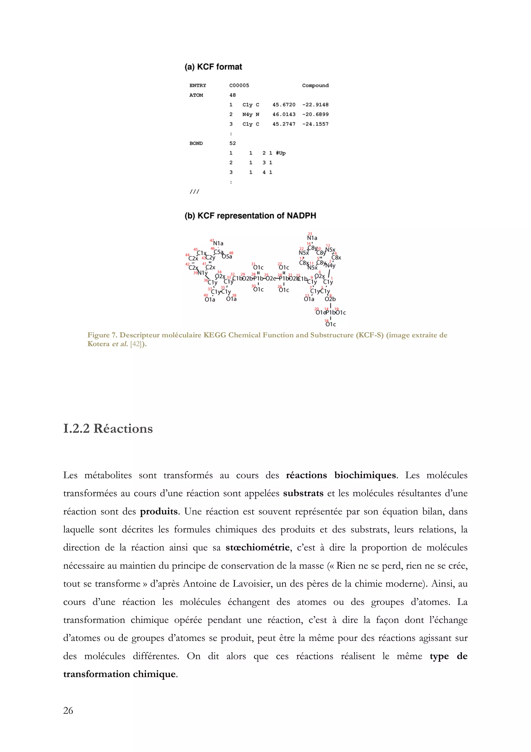 26
I.2.2 Réactions
Les métabolites sont transformés au cours des réactions biochimiques. Les molécules
transformées au cours d’une réaction sont appelées substrats et les molécules résultantes d’une
réaction sont des produits. Une réaction est souvent représentée par son équation bilan, dans
laquelle sont décrites les formules chimiques des produits et des substrats, leurs relations, la
direction de la réaction ainsi que sa stœchiométrie, c’est à dire la proportion de molécules
nécessaire au maintien du principe de conservation de la masse (« Rien ne se perd, rien ne se crée,
tout se transforme » d’après Antoine de Lavoisier, un des pères de la chimie moderne). Ainsi, au
cours d’une réaction les molécules échangent des atomes ou des groupes d’atomes. La
transformation chimique opérée pendant une réaction, c’est à dire la façon dont l’échange
d’atomes ou de groupes d’atomes se produit, peut être la même pour des réactions agissant sur
des molécules différentes. On dit alors que ces réactions réalisent le même type de
transformation chimique.
Figure 7. Descripteur moléculaire KEGG Chemical Function and Substructure (KCF-S) (image extraite de
Kotera et al. [42]).
 