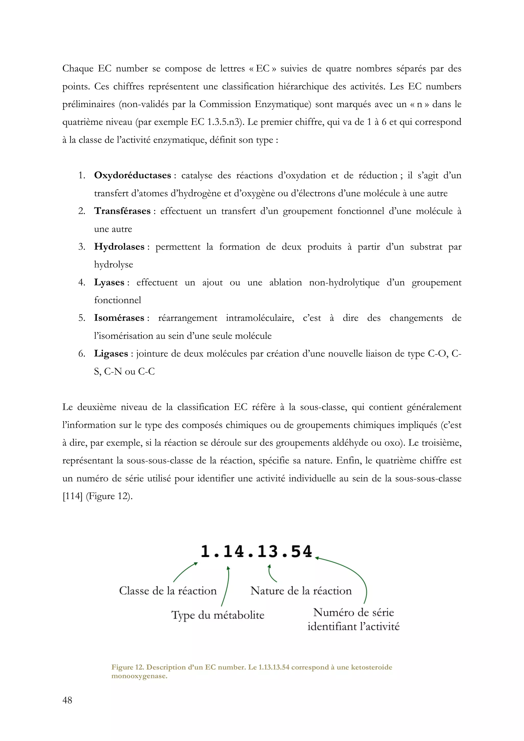 48
Chaque EC number se compose de lettres « EC » suivies de quatre nombres séparés par des
points. Ces chiffres représentent une classification hiérarchique des activités. Les EC numbers
préliminaires (non-validés par la Commission Enzymatique) sont marqués avec un « n » dans le
quatrième niveau (par exemple EC 1.3.5.n3). Le premier chiffre, qui va de 1 à 6 et qui correspond
à la classe de l’activité enzymatique, définit son type :
1. Oxydoréductases : catalyse des réactions d’oxydation et de réduction ; il s’agit d’un
transfert d’atomes d’hydrogène et d’oxygène ou d’électrons d’une molécule à une autre
2. Transférases : effectuent un transfert d’un groupement fonctionnel d’une molécule à
une autre
3. Hydrolases : permettent la formation de deux produits à partir d’un substrat par
hydrolyse
4. Lyases : effectuent un ajout ou une ablation non-hydrolytique d’un groupement
fonctionnel
5. Isomérases : réarrangement intramoléculaire, c’est à dire des changements de
l’isomérisation au sein d’une seule molécule
6. Ligases : jointure de deux molécules par création d’une nouvelle liaison de type C-O, C-
S, C-N ou C-C
Le deuxième niveau de la classification EC réfère à la sous-classe, qui contient généralement
l’information sur le type des composés chimiques ou de groupements chimiques impliqués (c’est
à dire, par exemple, si la réaction se déroule sur des groupements aldéhyde ou oxo). Le troisième,
représentant la sous-sous-classe de la réaction, spécifie sa nature. Enfin, le quatrième chiffre est
un numéro de série utilisé pour identifier une activité individuelle au sein de la sous-sous-classe
[114] (Figure 12).
Figure 12. Description d’un EC number. Le 1.13.13.54 correspond à une ketosteroide
monooxygenase.
 