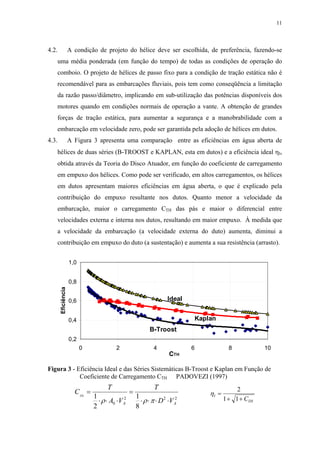 11
4.2. A condição de projeto do hélice deve ser escolhida, de preferência, fazendo-se
uma média ponderada (em função do tempo) de todas as condições de operação do
comboio. O projeto de hélices de passo fixo para a condição de tração estática não é
recomendável para as embarcações fluviais, pois tem como conseqüência a limitação
da razão passo/diâmetro, implicando em sub-utilização das potências disponíveis dos
motores quando em condições normais de operação a vante. A obtenção de grandes
forças de tração estática, para aumentar a segurança e a manobrabilidade com a
embarcação em velocidade zero, pode ser garantida pela adoção de hélices em dutos.
4.3. A Figura 3 apresenta uma comparação entre as eficiências em água aberta de
hélices de duas séries (B-TROOST e KAPLAN, esta em dutos) e a eficiência ideal ηI,
obtida através da Teoria do Disco Atuador, em função do coeficiente de carregamento
em empuxo dos hélices. Como pode ser verificado, em altos carregamentos, os hélices
em dutos apresentam maiores eficiências em água aberta, o que é explicado pela
contribuição do empuxo resultante nos dutos. Quanto menor a velocidade da
embarcação, maior o carregamento CTH das pás e maior o diferencial entre
velocidades externa e interna nos dutos, resultando em maior empuxo. À medida que
a velocidade da embarcação (a velocidade externa do duto) aumenta, diminui a
contribuição em empuxo do duto (a sustentação) e aumenta a sua resistência (arrasto).
0,2
0,4
0,6
0,8
1,0
0 2 4 6 8 10
CTH
Eficiência
B-Troost
Kaplan
Ideal
Figura 3 - Eficiência Ideal e das Séries Sistemáticas B-Troost e Kaplan em Função de
Coeficiente de Carregamento CTH PADOVEZI (1997)
C
T
A V
T
D V
TH
A A
=
⋅ ⋅ ⋅
=
⋅ ⋅ ⋅ ⋅
1
2
1
8
0
2 2 2
ρ ρ π
ηI
THC
=
+ +
2
1 1
 