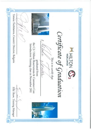 Certificate of graduation from Hilton reservations & Customer Care