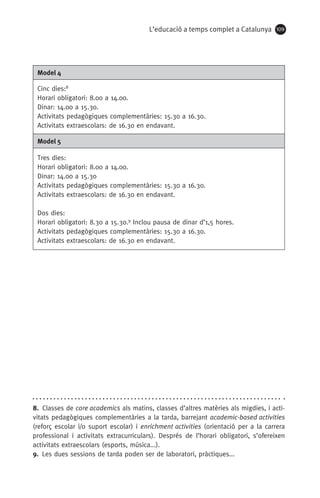 L’educació a temps complet a Catalunya 109
Model 4
Cinc dies:8
Horari obligatori: 8.00 a 14.00.
Dinar: 14.00 a 15.30.
Activitats pedagògiques complementàries: 15.30 a 16.30.
Activitats extraescolars: de 16.30 en endavant.
Model 5
Tres dies:
Horari obligatori: 8.00 a 14.00.
Dinar: 14.00 a 15.30
Activitats pedagògiques complementàries: 15.30 a 16.30.
Activitats extraescolars: de 16.30 en endavant.
Dos dies:
Horari obligatori: 8.30 a 15.30.9
Inclou pausa de dinar d’1,5 hores.
Activitats pedagògiques complementàries: 15.30 a 16.30.
Activitats extraescolars: de 16.30 en endavant.
89
8.  Classes de core academics als matins, classes d’altres matèries als migdies, i acti-
vitats pedagògiques complementàries a la tarda, barrejant academic-based activities
(reforç escolar i/o suport escolar) i enrichment activities (orientació per a la carrera
profes­sional i activitats extracurriculars). Després de l’horari obligatori, s’ofereixen
activitats extraescolars (esports, música...).
9.  Les dues sessions de tarda poden ser de laboratori, pràctiques...
071-118781-INFORMES BREUS 59.indd 109 09/03/15 13:32
 