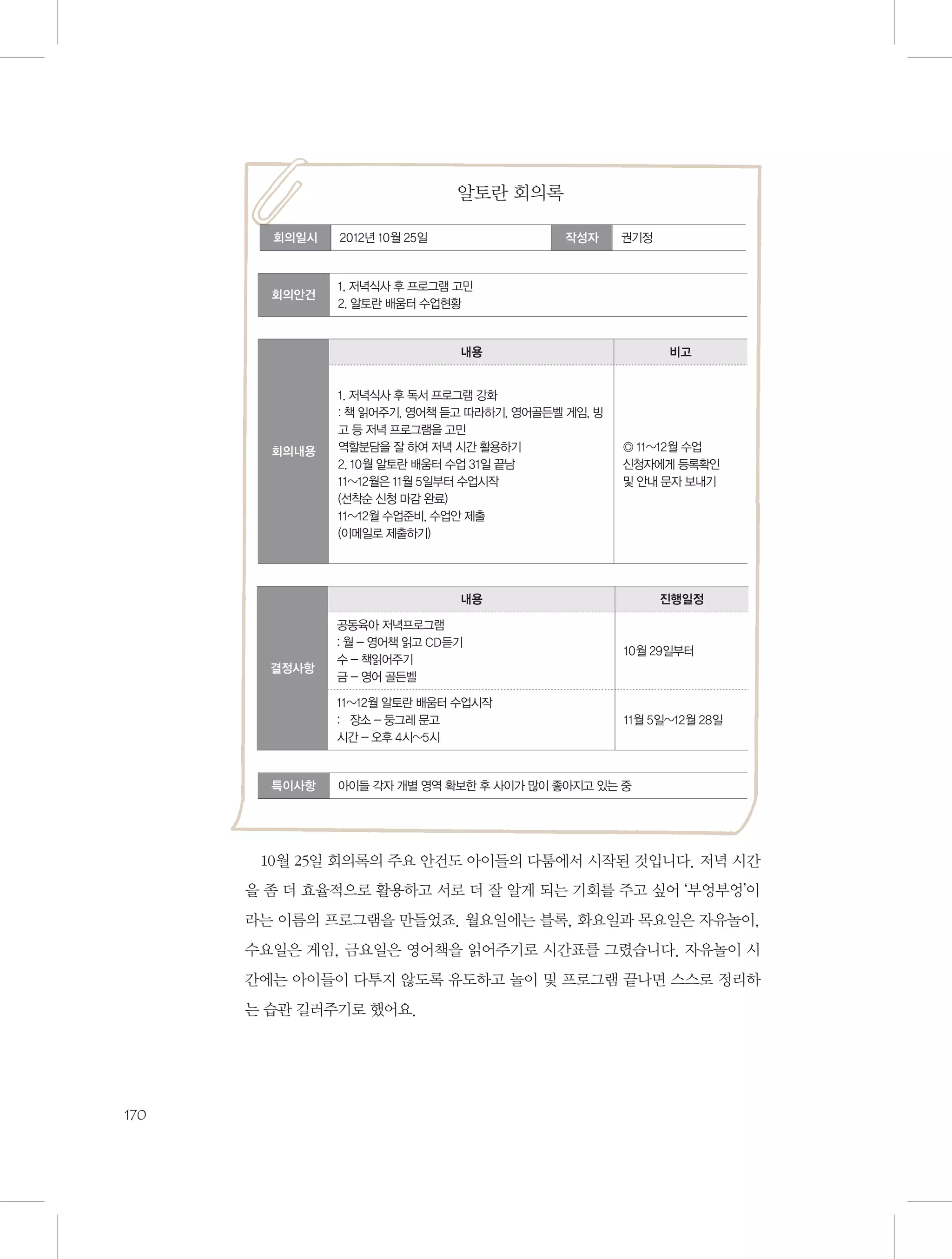 알토란 회의록
회의일시

2012년 10월 25일

작성자

회의안건

권기정

1. 저녁식사 후 프로그램 고민
2. 알토란 배움터 수업현황

내용

회의내용

1. 저녁식사 후 독서 프로그램 강화
: 책 읽어주기, 영어책 듣고 따라하기, 영어골든벨 게임, 빙
고 등 저녁 프로그램을 고민
역할분담을 잘 하여 저녁 시간 활용하기
2. 10월 알토란 배움터 수업 31일 끝남
11~12월은 11월 5일부터 수업시작
(선착순 신청 마감 완료)
11~12월 수업준비, 수업안 제출
(이메일로 제출하기)

비고

◎ 11~12월 수업
신청자에게 등록확인
및 안내 문자 보내기

내용

진행일정

특이사항

10월 29일부터

11~12월 알토란 배움터 수업시작
:　장소 - 둥그레 문고
시간 - 오후 4시~5시

결정사항

공동육아 저녁프로그램
: 월 - 영어책 읽고 CD듣기
수 - 책읽어주기
금 - 영어 골든벨

11월 5일~12월 28일

아이들 각자 개별 영역 확보한 후 사이가 많이 좋아지고 있는 중

10월 25일 회의록의 주요 안건도 아이들의 다툼에서 시작된 것입니다. 저녁 시간
을 좀 더 효율적으로 활용하고 서로 더 잘 알게 되는 기회를 주고 싶어 ‘부엉부엉’이
라는 이름의 프로그램을 만들었죠. 월요일에는 블록, 화요일과 목요일은 자유놀이,
수요일은 게임, 금요일은 영어책을 읽어주기로 시간표를 그렸습니다. 자유놀이 시
간에는 아이들이 다투지 않도록 유도하고 놀이 및 프로그램 끝나면 스스로 정리하
는 습관 길러주기로 했어요.

170

 