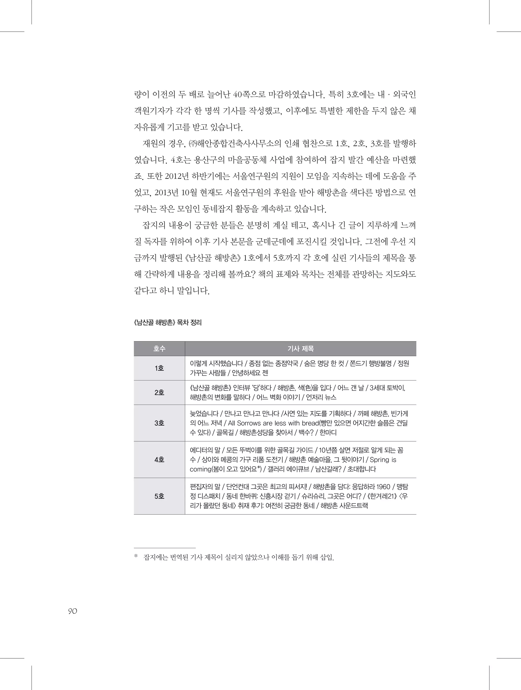 량이 이전의 두 배로 늘어난 40쪽으로 마감하였습니다. 특히 3호에는 내·외국인
객원기자가 각각 한 명씩 기사를 작성했고, 이후에도 특별한 제한을 두지 않은 채
자유롭게 기고를 받고 있습니다.
재원의 경우, ㈜해안종합건축사사무소의 인쇄 협찬으로 1호, 2호, 3호를 발행하
였습니다. 4호는 용산구의 마을공동체 사업에 참여하여 잡지 발간 예산을 마련했
죠. 또한 2012년 하반기에는 서울연구원의 지원이 모임을 지속하는 데에 도움을 주
었고, 2013년 10월 현재도 서울연구원의 후원을 받아 해방촌을 색다른 방법으로 연
구하는 작은 모임인 동네잡지 활동을 계속하고 있습니다.
잡지의 내용이 궁금한 분들은 분명히 계실 테고, 혹시나 긴 글이 지루하게 느껴
질 독자를 위하여 이후 기사 본문을 군데군데에 포진시킬 것입니다. 그전에 우선 지
금까지 발행된 《남산골 해방촌》 1호에서 5호까지 각 호에 실린 기사들의 제목을 통
해 간략하게 내용을 정리해 볼까요? 책의 표제와 목차는 전체를 관망하는 지도와도
같다고 하니 말입니다.

《남산골 해방촌》 목차 정리

호수

기사 제목

1호

이렇게 시작했습니다 / 종점 없는 종점약국 / 숨은 명당 한 컷 / 쫀드기 행방불명 / 정원
가꾸는 사람들 / 안녕하세요 젠

2호

《남산골 해방촌》 인터뷰 ‘당’하다 / 해방촌, 색(色)을 입다 / 어느 갠 날 / 3세대 토박이,
해방촌의 변화를 말하다 / 어느 벽화 이야기 / 언저리 뉴스

3호

늦었습니다 / 만나고 만나고 만나다 /사연 있는 지도를 기획하다 / 까페 해방촌, 빈가게
의 어느 저녁 / All Sorrows are less with bread(빵만 있으면 어지간한 슬픔은 견딜
수 있다) / 골목길 / 해방촌성당을 찾아서 / 백수? / 한마디

4호

에디터의 말 / 모든 뚜벅이를 위한 골목길 가이드 / 10년쯤 살면 저절로 알게 되는 꼼
수 / 상이와 메콩의 가구 리폼 도전기 / 해방촌 예술마을, 그 뒷이야기 / Spring is
coming(봄이 오고 있어요*) / 갤러리 에이큐브 / 남산갈래? / 초대합니다

5호

편집자의 말 / 단언컨대 그곳은 최고의 피서지! / 해방촌을 담다: 응답하라 1960 / 맹탐
정 디스패치 / 동네 한바퀴: 신흥시장 걷기 / 슈리슈리, 그곳은 어디? / 《한겨레21》 〈우
리가 몰랐던 동네〉 취재 후기: 여전히 궁금한 동네 / 해방촌 사운드트랙

*

*   잡지에는 번역된 기사 제목이 실리지 않았으나 이해를 돕기 위해 삽입.

90

 