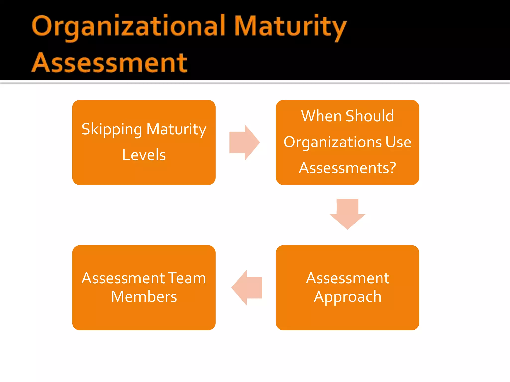 Skipping Maturity
Levels
When Should
Organizations Use
Assessments?
Assessment
Approach
AssessmentTeam
Members
 