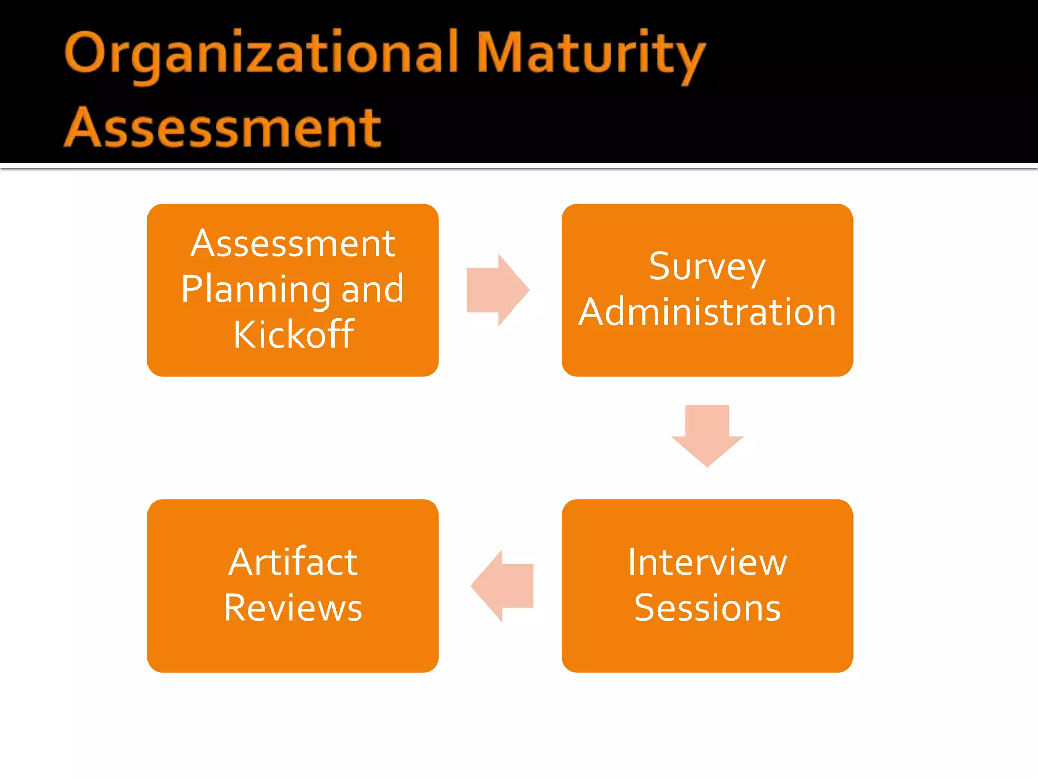 Assessment
Planning and
Kickoff
Survey
Administration
Interview
Sessions
Artifact
Reviews
 