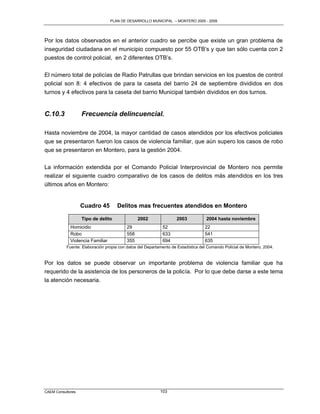PLAN DE DESARROLLO MUNICIPAL – MONTERO 2005 - 2009




Por los datos observados en el anterior cuadro se percibe que existe un gran problema de
inseguridad ciudadana en el municipio compuesto por 55 OTB‟s y que tan sólo cuenta con 2
puestos de control policial, en 2 diferentes OTB‟s.

El número total de policías de Radio Patrullas que brindan servicios en los puestos de control
policial son 8: 4 efectivos de para la caseta del barrio 24 de septiembre divididos en dos
turnos y 4 efectivos para la caseta del barrio Municipal también divididos en dos turnos.


C.10.3             Frecuencia delincuencial.

Hasta noviembre de 2004, la mayor cantidad de casos atendidos por los efectivos policiales
que se presentaron fueron los casos de violencia familiar, que aún supero los casos de robo
que se presentaron en Montero, para la gestión 2004.

La información extendida por el Comando Policial Interprovincial de Montero nos permite
realizar el siguiente cuadro comparativo de los casos de delitos más atendidos en los tres
últimos años en Montero:


                   Cuadro 45         Delitos mas frecuentes atendidos en Montero

                   Tipo de delito               2002               2003            2004 hasta noviembre
             Homicidio                    29                52                    22
             Robo                         558               633                   541
             Violencia Familiar           355               694                   635
           Fuente: Elaboración propia con datos del Departamento de Estadística del Comando Policial de Montero, 2004.


Por los datos se puede observar un importante problema de violencia familiar que ha
requerido de la asistencia de los personeros de la policía. Por lo que debe darse a este tema
la atención necesaria.




CAEM Consultores                                           103
 